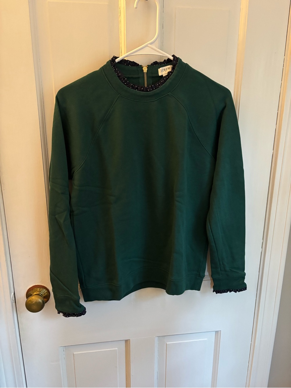 J. Crew Forest Green Crewneck Sweater/sweatshirt with Navy polka dot Trim
